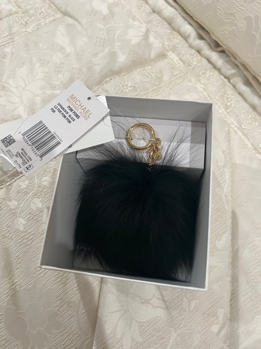 Michael Kors Black Fox Fur Pom Pom Keychain with Gold Hardware